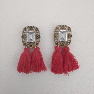Red Gold Clip On Earrings Tassel Stone Drop